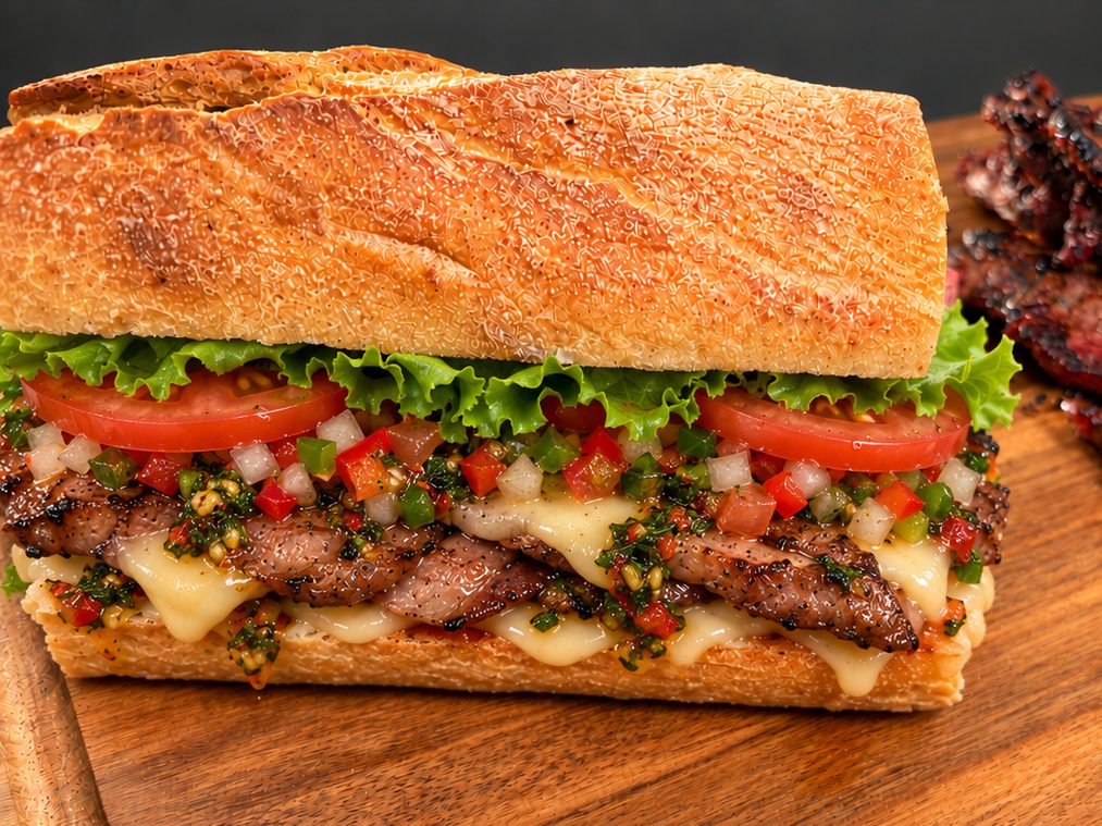 Bondiola-sandwich: grillet nakkefilet, Danbo, chimichurri, salsa criolla, salat og tomat i sprødt brød