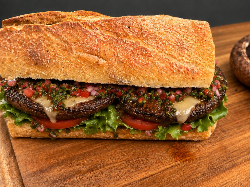 Portobello-sandwich: grillet portobello, Danbo, chimichurri, salsa criolla, salat og tomat i sprødt brød